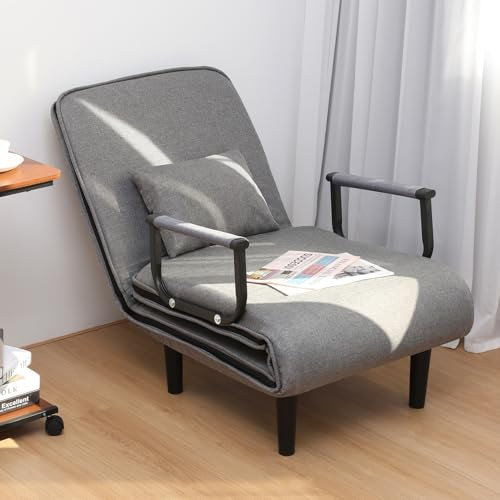Wilitto Silla de dormir 3 en 1, silla convertible con sillón, sofá cama plegable con respaldo ajustable de 6 posiciones, silla plegable para dormitorio, oficina, gris, 65 cm