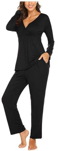 pvucpot Ensemble de Pyjama Maternité Coton Pyjama de maternité Couleur Unie Longue Vêtements de Nuit Grossesse Pyjama Chaud Allaitement