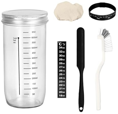 Sourdough Starter Jar Kit Lid Set, Sourdough Starter Jar 650ml, with Date Feeding Band,Thermometer,Cloth Cover&Metal Lid&cleaning brush , Reusable Sourdough Bread Baking Supplies, Home Baking Supplies