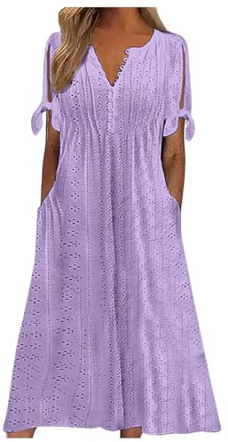 Robe plissée décontractée 2025 pour femme - Dentelle solide - Bouton creux - Robe de poche - Nœud - Manches courtes - Col en V - Robe midi élégante - Manches longues, lilas, XL
