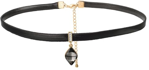 Aleasha Kristall Choker Kette Damen Schwarz Kurze Lederkette Länge 30+5cm