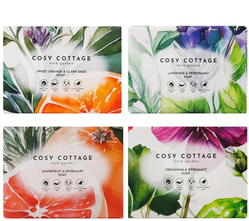 Cosy Cottage Herb Garden Soap Bar - Bundle Pack of 4 x 120g | Handmade, Moisturising Herbal Soap | With Essential Oils | Soothing & Refreshing Scent | No Palm Oil, SLS, Additives or Plastic