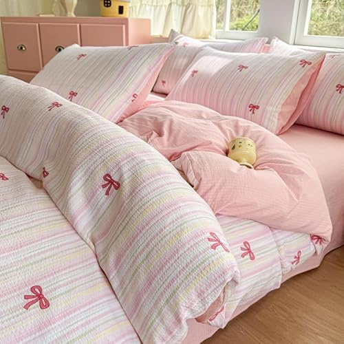 Koudi Rosa Bettwäsche 135x200 Mädchen Rosa mit Regenbogen Streifen Kinder Bettbezug Altrosa Schleife Microfaser Einzelbett Deckenbezug Reißverschluss und Kissenbezug 80x80cm