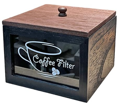 Récipient à café rustique – Organiseur de filtre en bois, boîte de rangement de ferme | Support décoratif avec couvercle pour comptoir de cuisine, organisateur de barre carrée, décoration d'intérieur