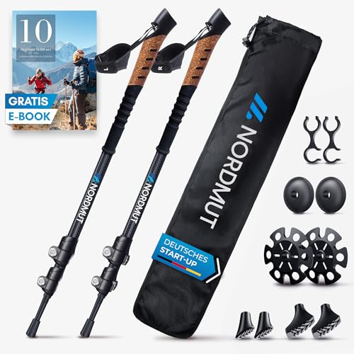 NORDMUT Nordic Walking stavar kvinnor och män | vandringspinnar teleskop | ultralätta vandringsstavar [med gummibuffertset] justerbara med äkta korkhandtag (Nordic Walking kol)