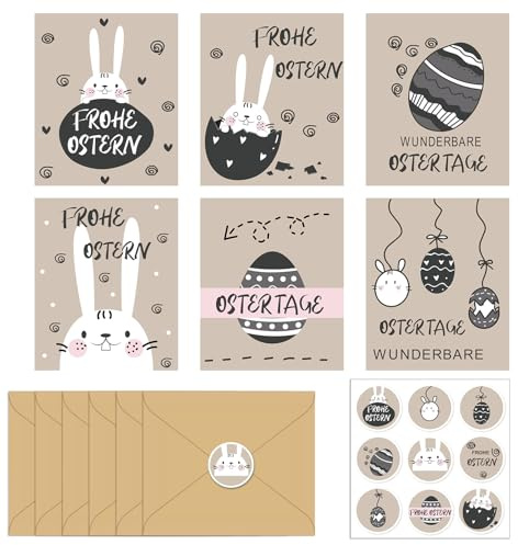 LEOINAER Set Completo Biglietti Auguri Pasqua - 6 Biglietti Pieghevoli, 6 Buste e 1 Adesivo - Design Tradizionale e Dolce con Coniglietto, Carta di Alta qualità, Ideale per Messaggi Personalizzati