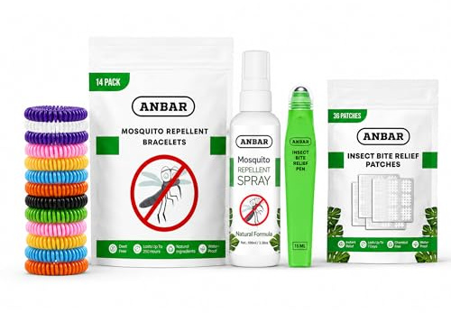 Anbar 4-Pack Outdoor Mosquito & Insect Repellent Bundle - Natural Deet-Free Protection Mosquito Repellent Bracelets, Mosquito Repellent Body Spray, Bite Relief Pen, Itch Relief Patches Adults & Kids