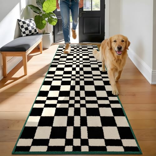 Biscpro Schachbrettmuster Fußmatte,rutschfeste Innen 60x180cm,Schwarz