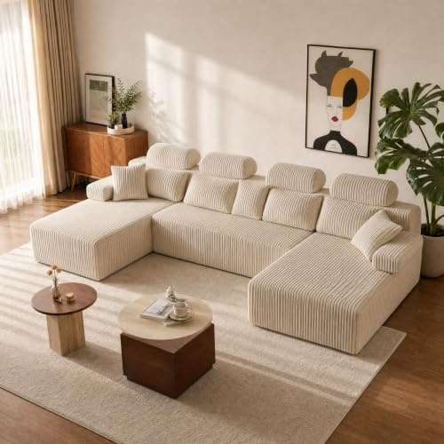 HOMRELEXA 360cm Sofa mit hoher Rückenlehne, U-Form Schlafsofa aus Cordstoff, 5-Sitzer mit Ottomane, Relaxsofa für Wohnzimmer, freistehend, Keine Montage(Weiß)