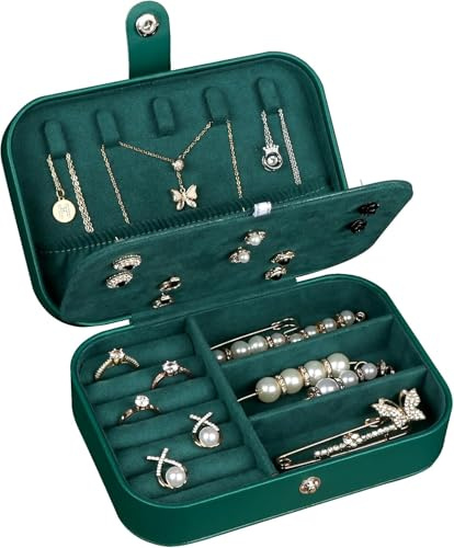 Schmuckkästchen Reise, Schmuckkasten klein, Reiseetui Schmuck organizer, Tragbarer Schmuckaufbewahrung für Ohrringe Halsketten Armbänder Ringe, Geschenkidee für Frauen Mädchen - Dunkelgrün
