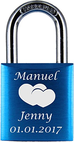 ♥ LoveGoals Liebesschloss mit Gravur | individuell graviert | personalisiertes Geschenk für Paare & Verliebte | hochwertige Geschenkbox | Schloss mit 2 Schlüsseln | Motiv M007 | Farbe Blau
