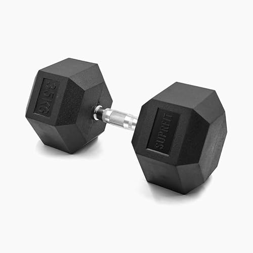 SUPRFIT - Hexagon Kurzhantel einzeln mit gummiertem Eisenkern - Fitness Gewichte Hanteln 1 x 35 kg mit rutschfestem Chromgriff - Premium Kurzhantel für Calisthenics, Krafttraining & Crossfit Übungen