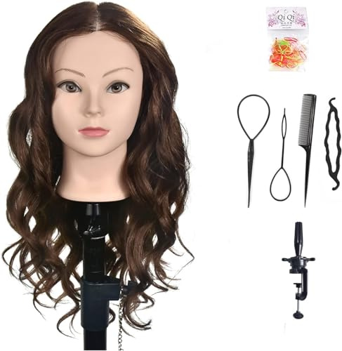 Trainingskopf, Übungskopf mit 100% Echthaar, für professionelles Frisieren, Hairstyling, Übungspuppe für Kosmetik, mit Schraubzwinge (#6)