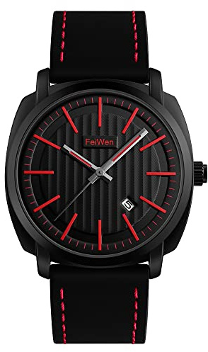 FeiWen Mens Simple Analog Quartz Casual Watches Stainless Steel Case with Leather Band Calendar Window, Red