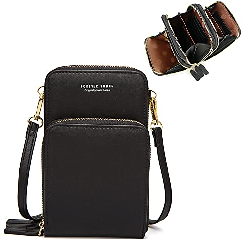 Damen Handtaschen Schultertasche Handytaschen Umhängetasche Kunstleder 3 Reißverschluss Beutel mit Vielen Kartenfach Geldbörse Portemonnaie für iPhone 5/6/7/8 Plus/X XR/11/12 Pro