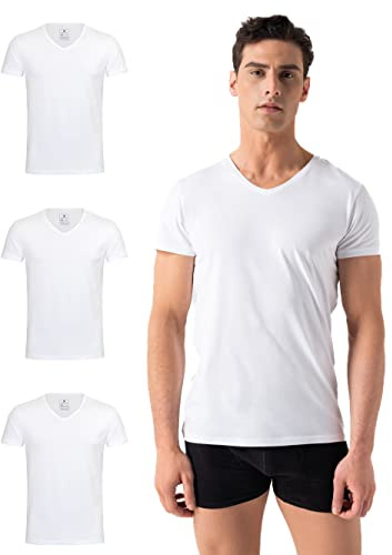 Burnell & Son T-shirt för män, 3-pack, v-ringad undertröja, herr – stretch, kortärmad skjorta för män, av bomull, basic slim fit, 3 x vit, 3XL