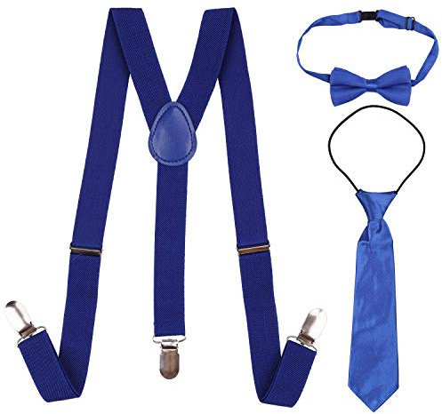 Trimming Shop Kinder Hosenträger, Fliege, Krawatte, Set, 12–16 Jahre, verstellbar, elastisch, Unisex, mit Clip, Y-Form, Einheitsgröße, 25 mm breit, 85 cm lang Gr. 85 cm (12-16 Jahre), königsblau