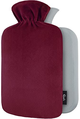 Bolsa de Agua Caliente con Funda - Funda de Vellón Premium Suave - 1.8L Gran Capacidad - Bolsa Agua Caliente para el alivio del dolor de espalda, cuello, hombros y para noches acogedoras - Borgoña