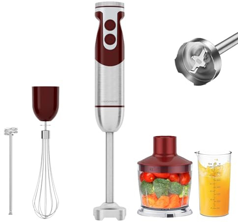 MegaWise 5-in-1 Immersion Hand Blender Set with Variable Speed, 400W, Stainless Steel - Includes Chopper, Whisk, Milk Frother, and Beaker - Ideal for Soups, Smoothies, Baby Food & More (RED)