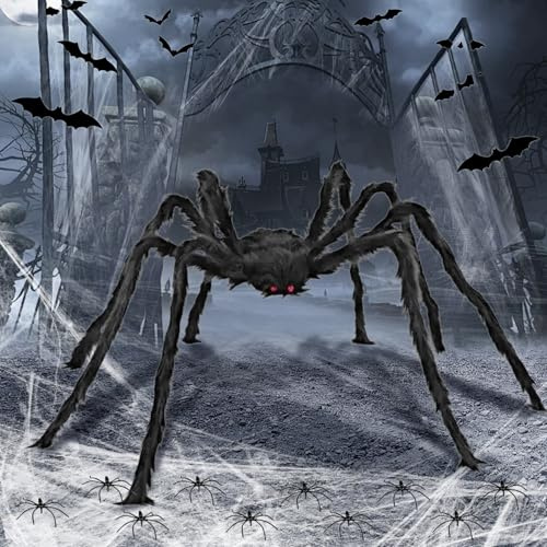 200cm Halloween Deko Outdoor Spinnen,Halloween Deko Garten Mit 60g Spinnennetz+12 Fledermäuse,Halloween Spinne Groß,Gruselige Deko Spinnen Schwarz Geeignet Spukhaus Halloweenparty Dekoration von Haus