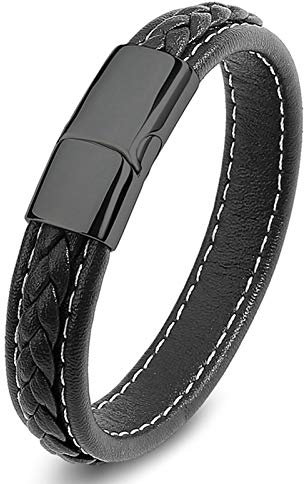 Epinki Armbänder Leder Jungs Männer, Lederarmband mit Magnetverschluss Wickelarmband Geflochten Partnerarmband Edelstahl Armband Schwarz 16.5 cm
