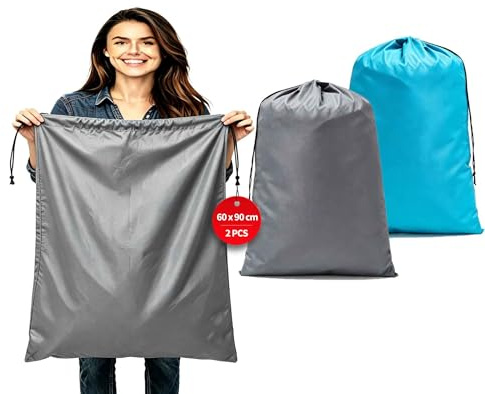 Dmjia 2 Stück Wäschesack Reise 60 x 90 cm, Wäschebeutel Schmutzwäsche Große Kapazität, Wäschebeutel Reise mit Kordelverschluss, Stoff 120L Schmutzwäschebeutel (Hellblau & Grau)