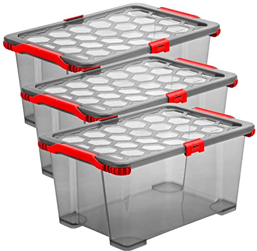 Rotho Evo Total Protection 3er-Set Aufbewahrungsbox mit Deckel 44l, lebensmittelechter Kunststoff (PP) BPA-frei, anthrazit/rot, 3x 44l (59.0 x 39.5 x 28.0 cm)