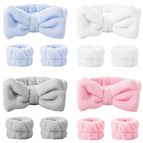 Heyu-Lotus 4 Stück Bowknot Haarbänder Kosmetik mit 4paar Abschminkband Handgelenk Waschband Frauen Gesicht Wasch Armbänder Haarband Elastisches Stirnband für Frauen Mädchen Duschen Waschen