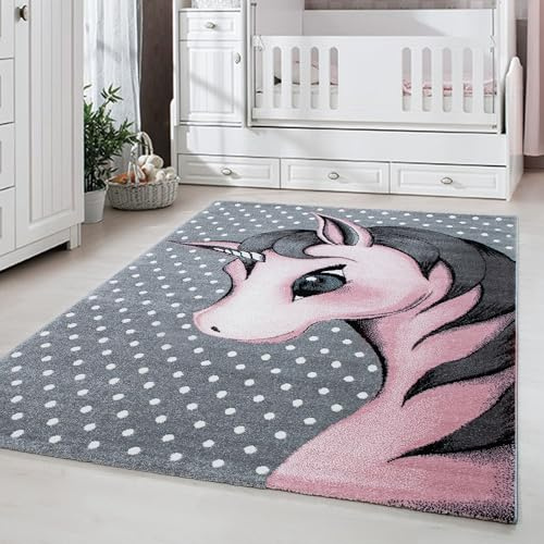 Carpetsale24 Kinderteppich Modern Einhorn-Design Pink 200 x 290 cm - Kurzflor Teppich Kinderzimmer Waschbarer Babyteppich Spielteppich für Junge und Mädchen Extra Weich und Antiallergen Rechteckig