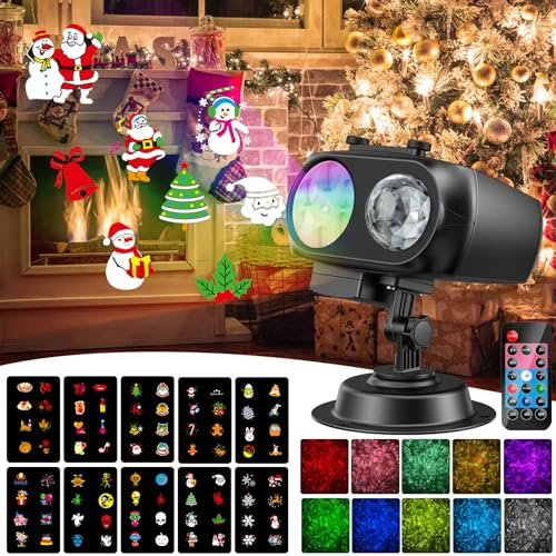 YAZEKY Proiettore Luci Natale per Interno Esterno, Lampada per Proiettore LED Natale con 10 Diapositive 8 Modelli e 10 Effetti di onde d'acqua, Luce Proiettore per Decorazioni Natale Halloween Festa