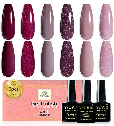 YSUVIN Semipermanente Unghie, 6 Colori Rosa Marrone Glitter Rosa Smalto Semipermanente Unghie, Smalto Unghie Soak Off UV/LED Lampada Nail Art Gel Unghie Set, 8ml