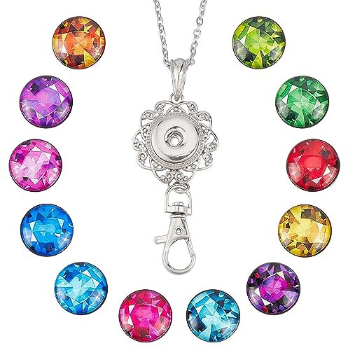 SUNNYCLUE 1boîte 12 Styles Strass Longe ID Badge Longe Mignon Coloré Pierre de Naissance Bouton Pression Charms Badges Titulaire en Acier Inoxydable Collier Chaîne Breakaway ID Badge Longe pour Titula