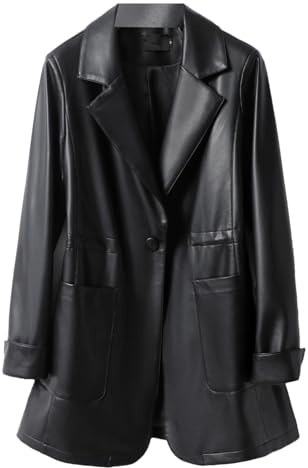 Frauen Schaffell Blazer Jacke Mäntel Herbst Mittellang Einzelknopf Casual Echtes Leder Outwear, Schwarz , 46