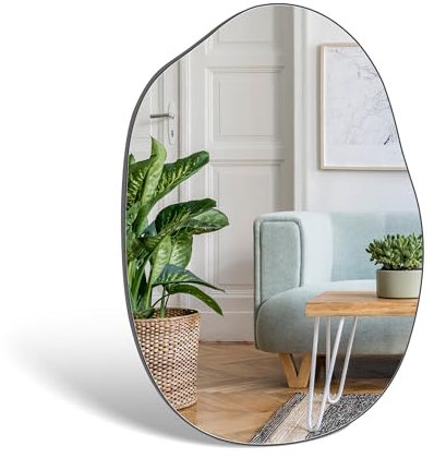 WOLIBEER Asymmetrischer Badezimmer Spiegel 95 x 65 cm, unregelmäßiger rahmenloser Wandspiegel mit schwarzer Rückwand, Spiegel für Badezimmer, Schlafzimmer, Eingangsbereich, Flur, Waschtisch