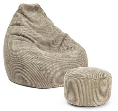 Lumaland Relax Set Cord – Sitzsack Giant + Pouf | Besser als Sofa, Sessel & Co. | XXL Bean Bag + Sitzpouf Hocker mit Füllung (EPS Perlen) für Indoor | Bodensofa für Wohnzimmer, Schlafzimmer & Gaming