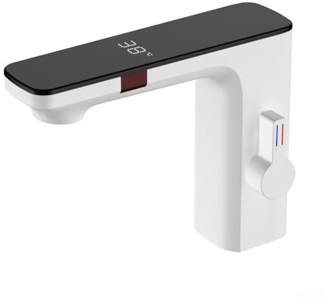 Oniissy Infrared Sensor Basin Mixer Tap, Touchless Tap for Bathroom, Automatic Basin Tap, Digital Display Screen Hot Cold Water Mixer Tap Chrome (White)