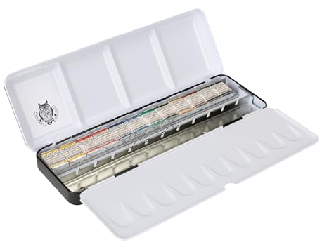 Schmincke – HORADAM® AQUARELL Retro Line Farbkasten mit 12 feinsten Aquarellfarben, 74647097, Metallkasten, Malset, 12 x 1/2 Näpfchen, Leerschiene für 6 x 1/1 oder 12 x 1/2 Näpfchen