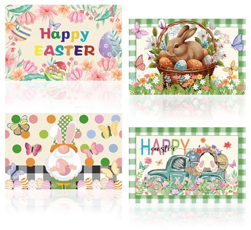 Set di 4 tovagliette con coniglietto di Pasqua, lino Gnomi Uova Pasqua Tovagliette Lavabili Antiscivolo Resistenti al Calore per la primavera, la cucina, la casa, le vacanze, le feste,12x18In