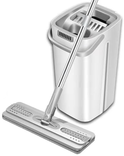 NIBHZ Ensembles de Serpillères et de Seaux, Seau Plat en Microfibre avec 4 Tampons en Microfibre et Système D'essorage Automatique Intégré pour Une Utilisation Humide et Sèche, Vadrouilles,White