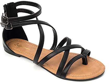 HEVA Vardagliga bandsandaler för kvinnor bekväma justerbara platta sandaler, Svart, 37 EU