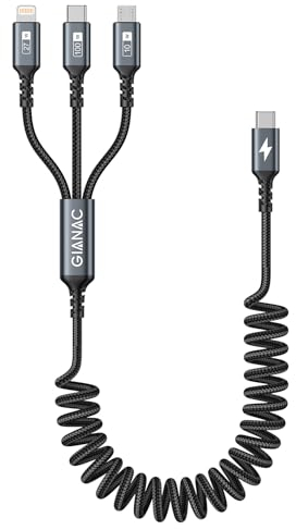 GIANAC 100W USB C auf Multi Kabel [50CM] 3 in 1 Spiralkabel Dehnbar Universal Schnellladekabel USB C[100W]+Micro [10W]+Lightning [27W] für Galaxy S23/22,iPad Pro, MacBook Pro/Air,iPhone 15 14