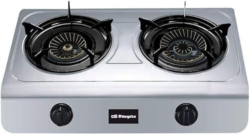 Hornillo a Gas para uso exterior con 7700W de potencia, apta para butano y propano, posee dos quemadores de triple corona, Medidas 39x60,5x14,5 cm