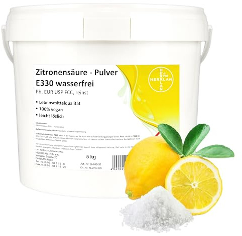 HERRLAN® Zitronensäure Pulver 5 kg E330 Lebensmittelqualität. | Für Küche und Haushalt, als Kalkentferner, Reinigungsmittel sowie für Limonaden, Fruchtsäfte und Backwaren.