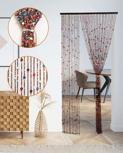 Erfolkerz 38 Strands Beaded Curtain for Doorways -35.4x79- Handmade Natural Beaded Curtains，Boho Doorway Wood and Bamboo Bead Curtain-As Insect Screen/Room Divider