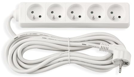 Steckdosenleiste mit 5 m Kabel – 5 Steckdosen mit Erdung – Weiß – 230V Kabel – Schuko-Stecker – MAX 3680W – Robuste Mehrfachsteckdose für Zuhause und Büro – Für Haushaltsgeräte und Elektronik
