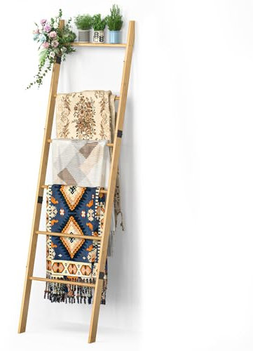 BAMBANG 6-Stufige Handtuchleiter für Wohnzimmer, Deckenquilt-Leitergestell Dekorativer Handtuchhalter, an der Wand lehnende Deckenleiterregal-Ablage für Schlafzimmer, Blanket Ladder Rack, Natur
