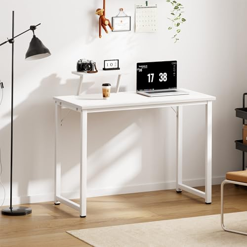 soges Scrivania per computer, piccolo tavolo da lavoro, in legno e telaio in metallo, con supporto, tavolo per laptop, tavolo da studio per casa e ufficio, 80 x 40 cm, bianco