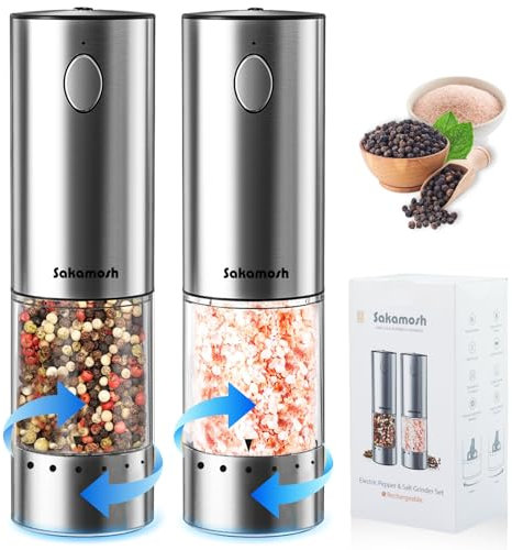 Juego de molinillos eléctricos de sal y pimienta con ajuste externo de grosor, molinillo de pimienta automático, recargable, con control de doble velocidad, luz LED, salero de acero inoxidable
