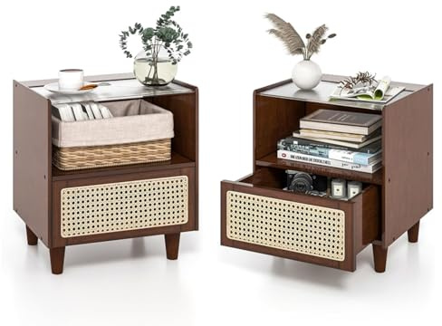 RELAX4LIFE Nachttisch, mit Rattan-Schublade & Offenem Regal, Nachtschrank mit Glastischplatte & Kabelschlitze, Nachtkonsole aus Bambus, Beistelltisch für Wohnzimmer, Schlafzimmer (2, Braun)