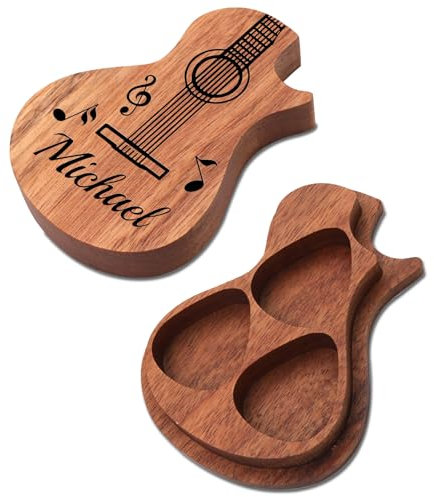 Ruilidesg Personalisiertes Gitarren-Pick-Etui, Holz, Vintage, Einfarbig, Gravierbar, 3 Plektrum-Aufbewahrungsschlitze, Attached Stand Design für Gitarristen